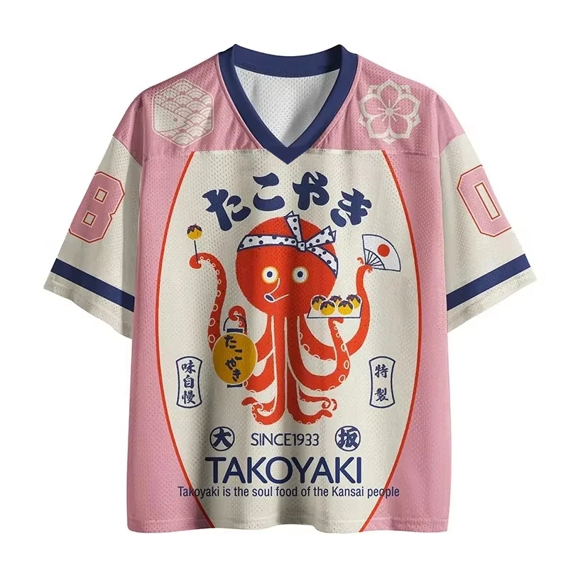 2026 Summer New Arrival Men's Pink White Japanese Octopus Print Mesh Jersey T-Shirt Casual Loose Fit Streetwear Tee for Kids