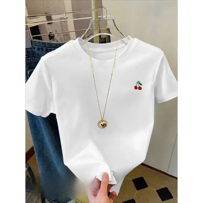 White Casual and Fashionable Women's Cherry Print T-shirt Suitable for Casual Spring and Summer Loose and Breathable Women's Top