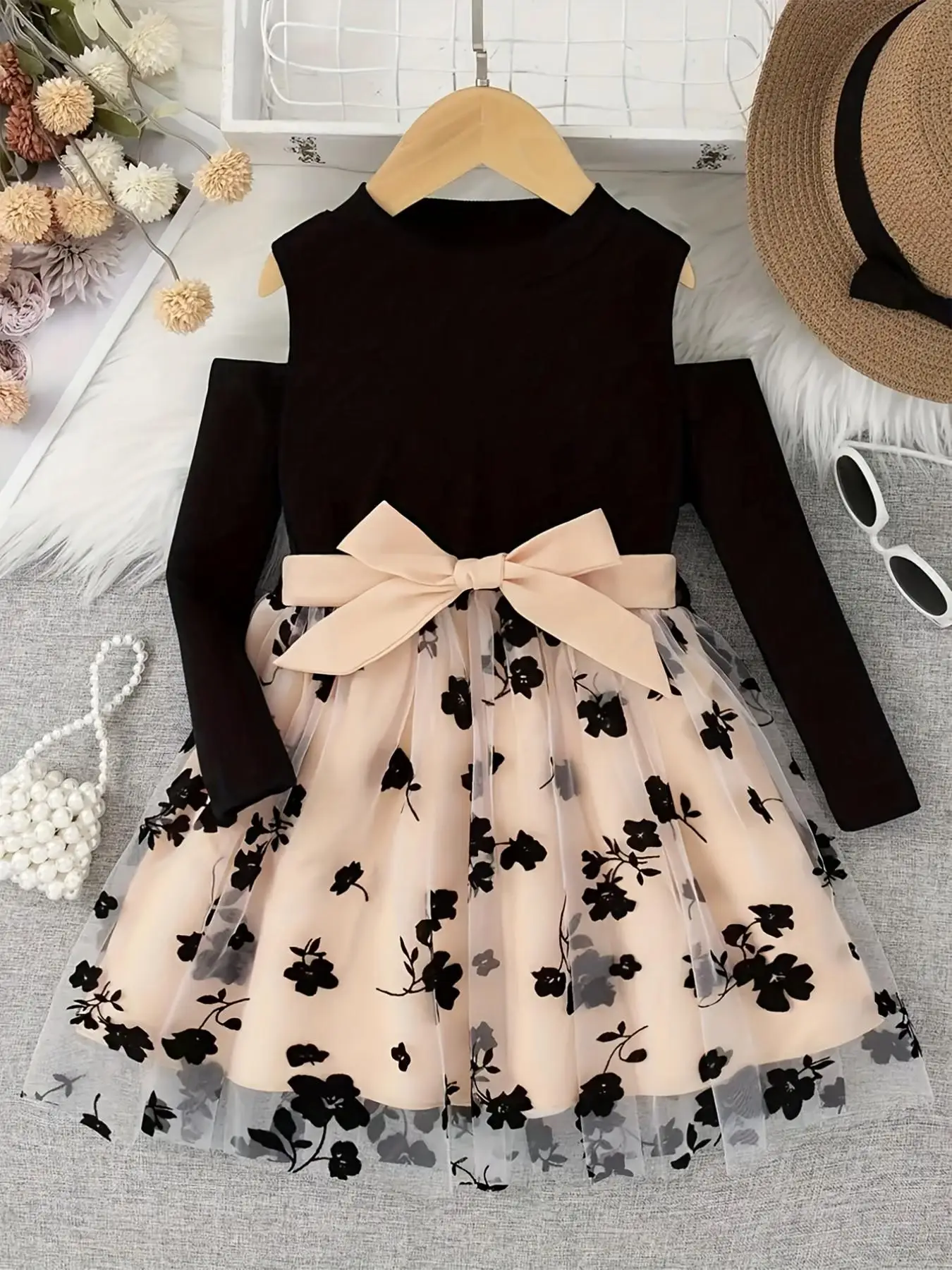 Girls Flowers Mesh Stitching Round Neck Long Sleeve Midi Dress Elegant Fashion Dress With Belt For Spring Fall