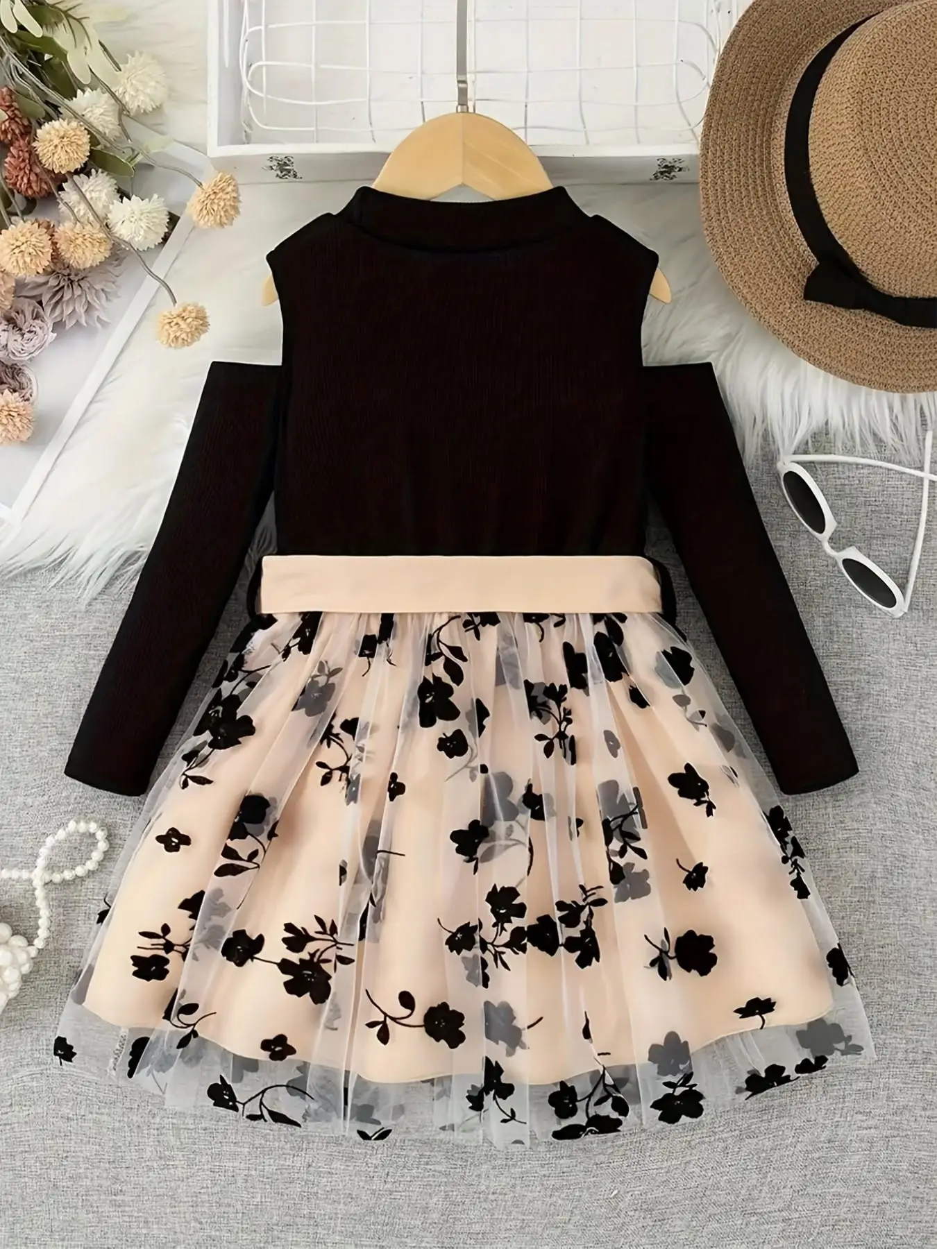 Girls Flowers Mesh Stitching Round Neck Long Sleeve Midi Dress Elegant Fashion Dress With Belt For Spring Fall