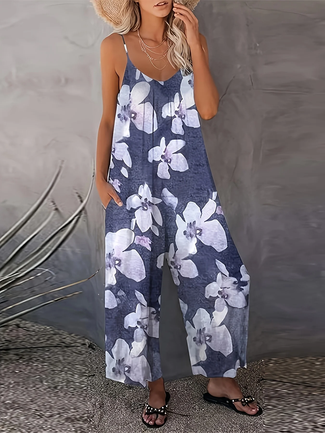 Summer new oversized printed camisole jumpsuit sleeveless V-neck loose wide leg pants casual vacation style