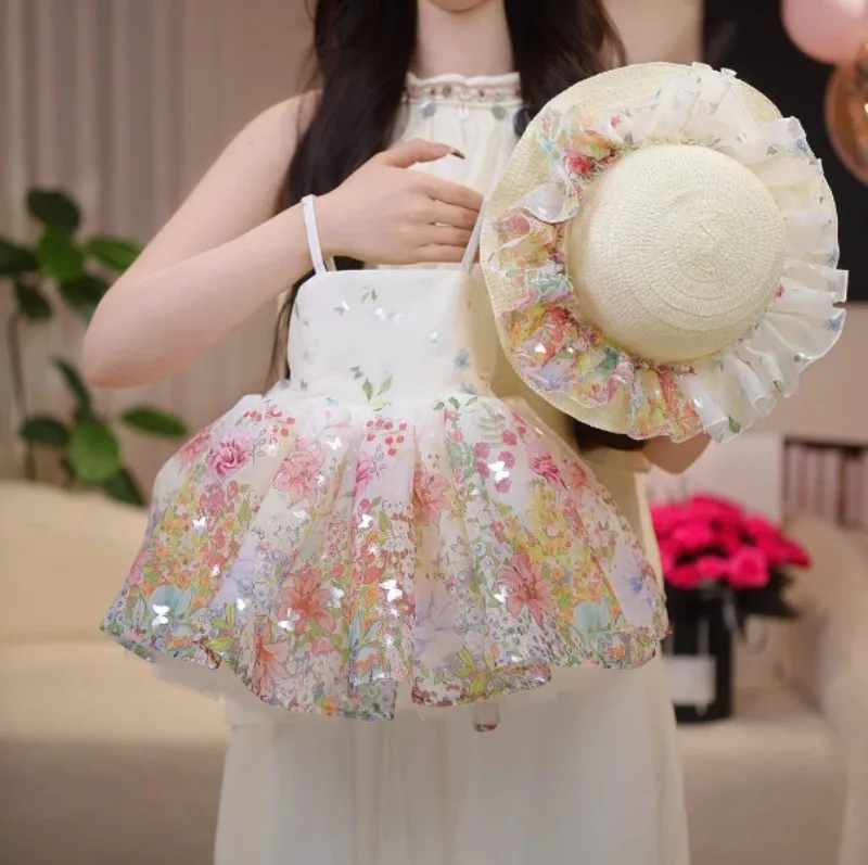 Bellbell Summer Kids Girls Princess Dress Butterfly Printed Children Girls Sling Dress 2-10Y Infant Babys Girls Sleeveless Dress