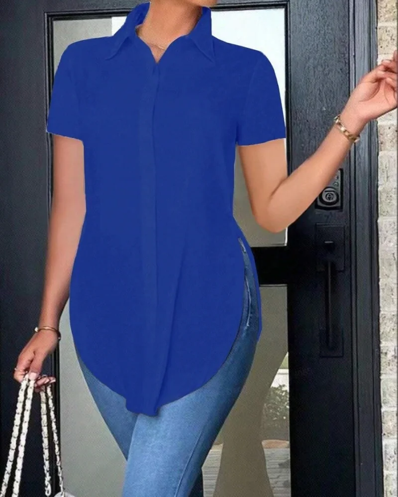 Women's Short Sleeve Button Down Shirt with Lapel Collar and Side Split Hem Casual Office Blouse