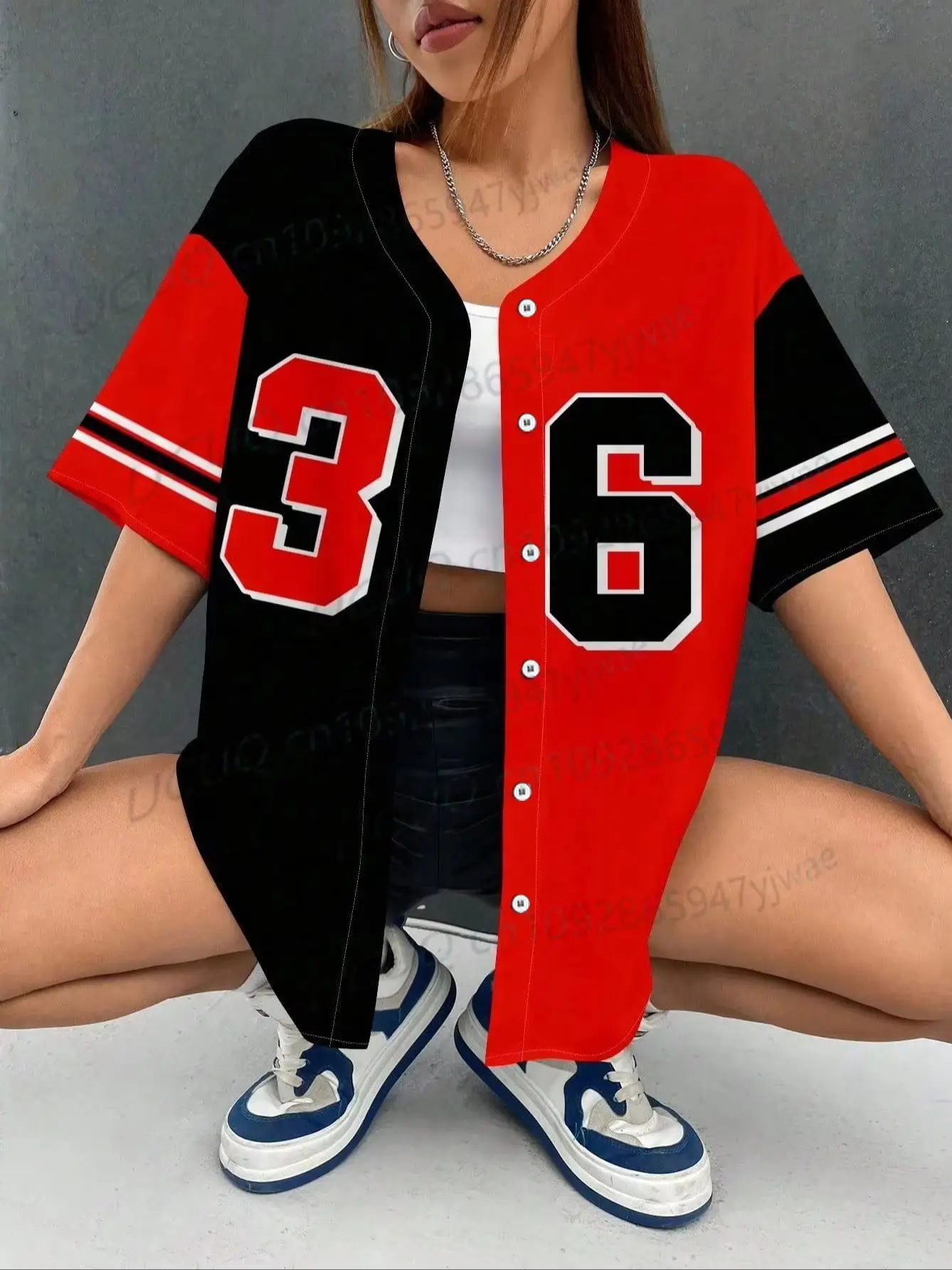 2026 Summer Stripe Los Angeles 86 Printed Women Streetwear Baseball Shirt Hip Hop Short Sleeve Button Up Tops