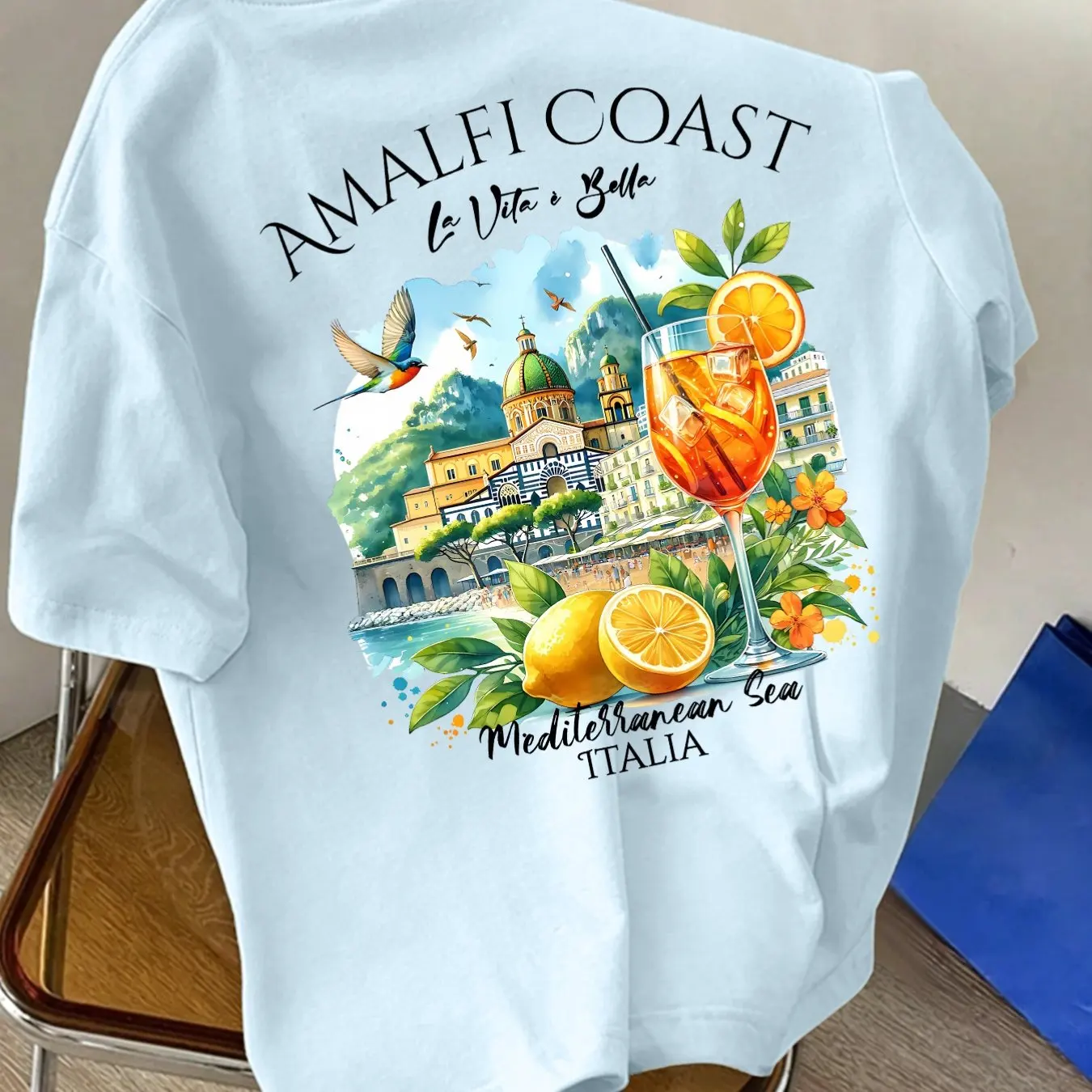 Men's new pure cotton crew-neck short-sleeved t-shirt with Amalfi Coast Italian lemon print, suitable for vacationand casualwear
