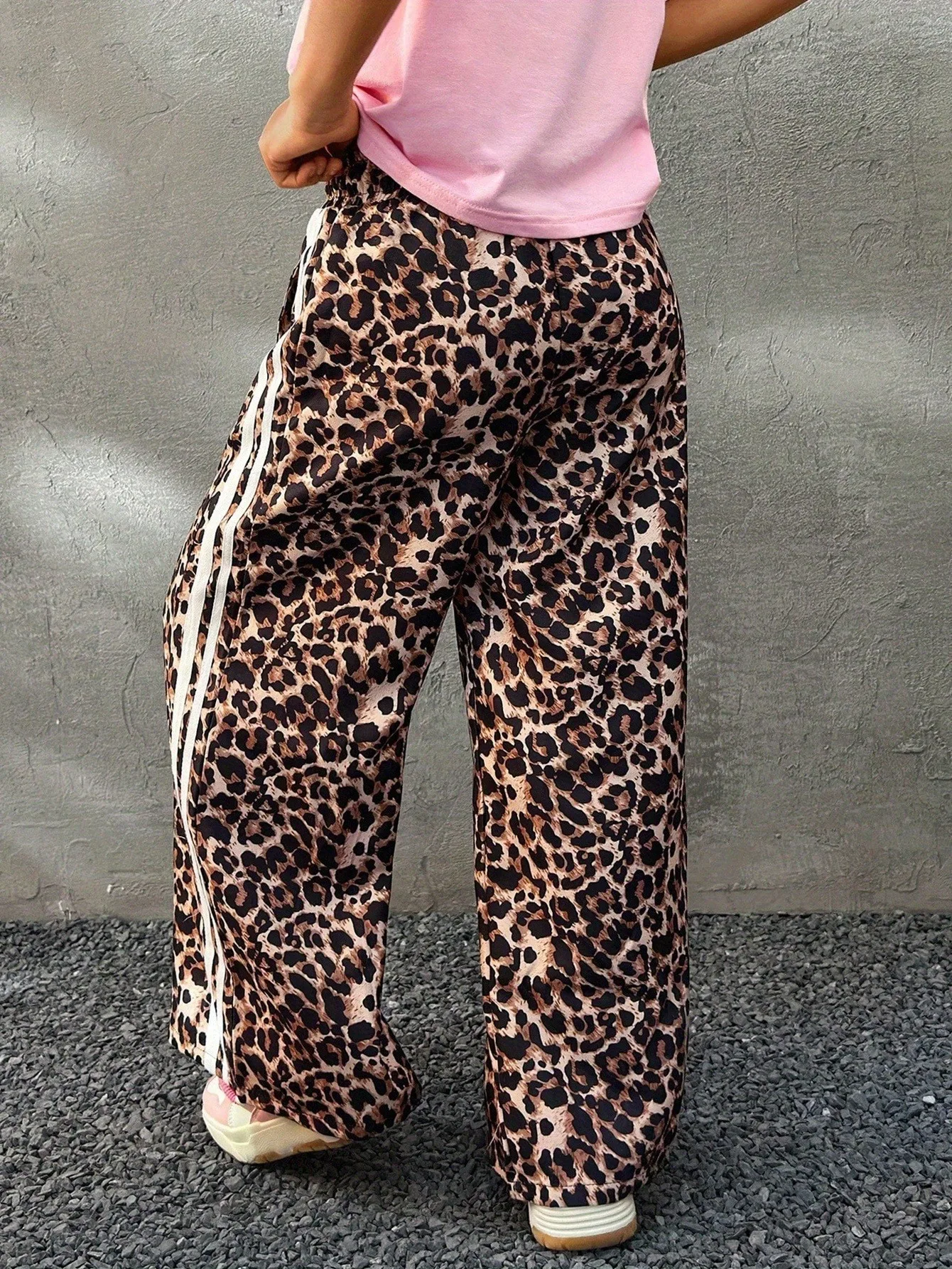 Kids Girls Leopard Print Wide Leg Pants Elastic Waist Side Stripe Casual Streetwear Trousers
