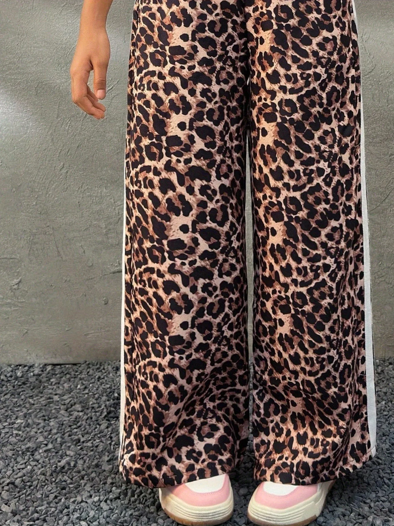 Kids Girls Leopard Print Wide Leg Pants Elastic Waist Side Stripe Casual Streetwear Trousers