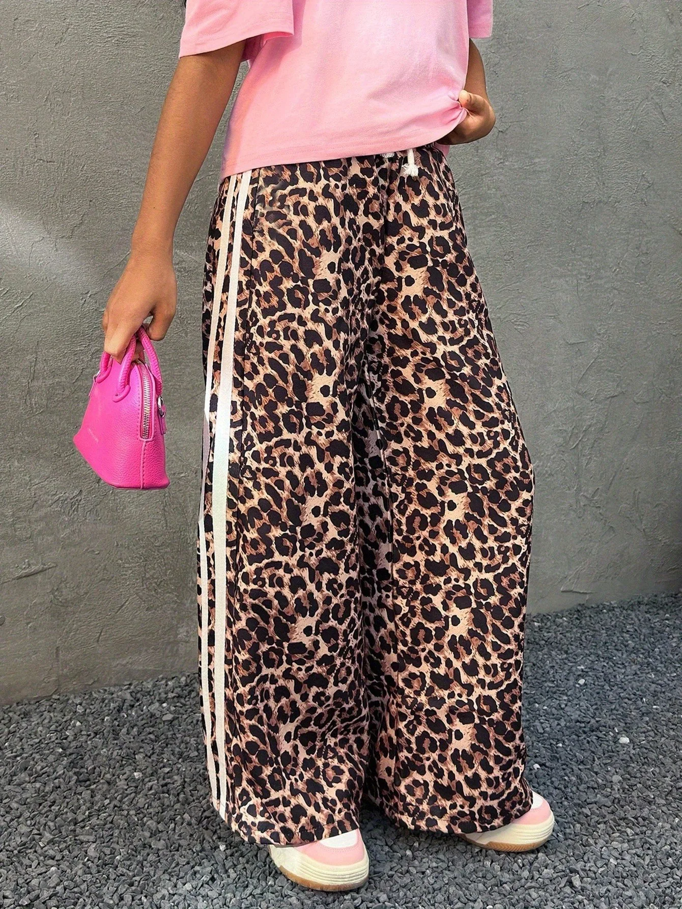 Kids Girls Leopard Print Wide Leg Pants Elastic Waist Side Stripe Casual Streetwear Trousers