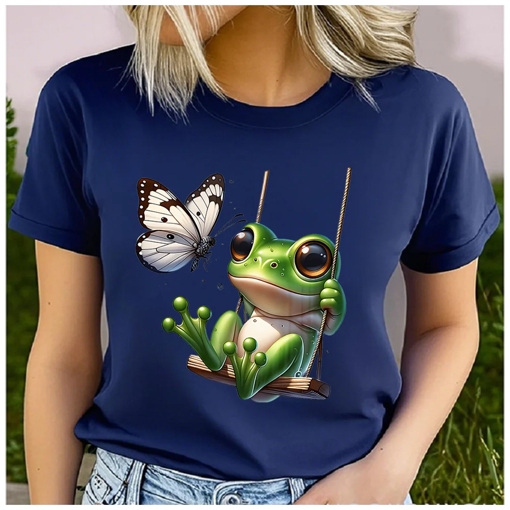 men Women's Cotton 100% frog on the swing Print T-shirt Loose round Neck Casual Short Sleeve Fashion Top Clothing Summer