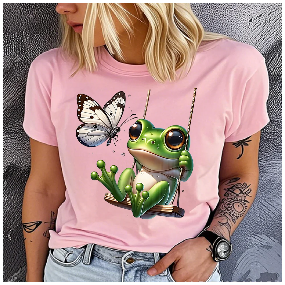 men Women's Cotton 100% frog on the swing Print T-shirt Loose round Neck Casual Short Sleeve Fashion Top Clothing Summer