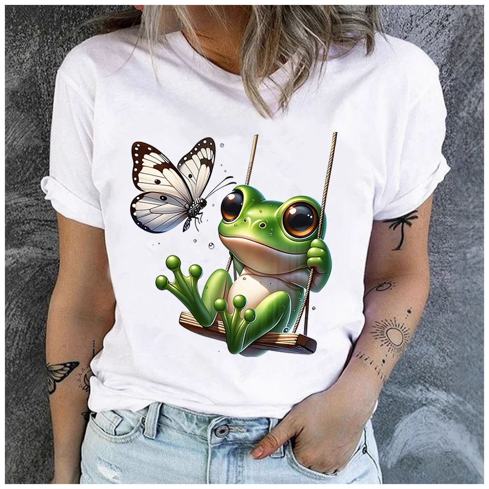 men Women's Cotton 100% frog on the swing Print T-shirt Loose round Neck Casual Short Sleeve Fashion Top Clothing Summer