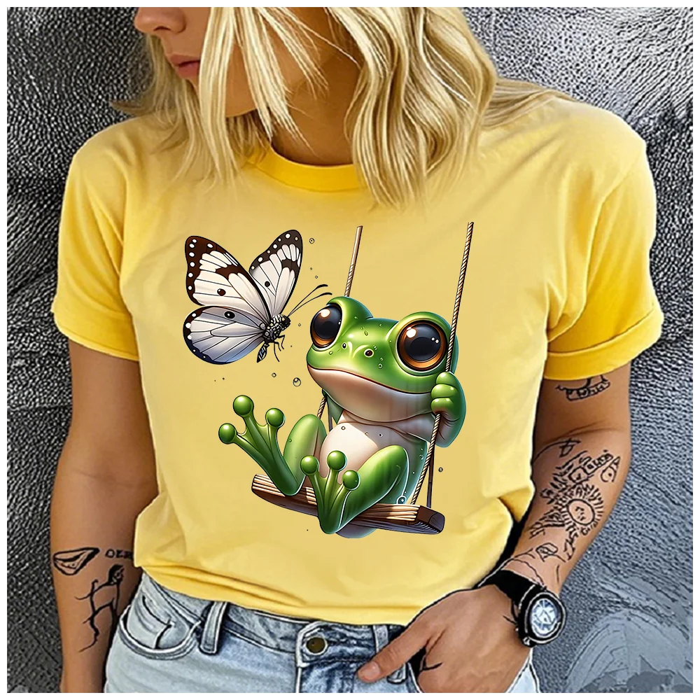 men Women's Cotton 100% frog on the swing Print T-shirt Loose round Neck Casual Short Sleeve Fashion Top Clothing Summer