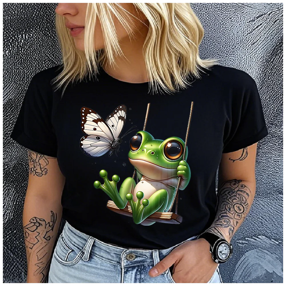 men Women's Cotton 100% frog on the swing Print T-shirt Loose round Neck Casual Short Sleeve Fashion Top Clothing Summer