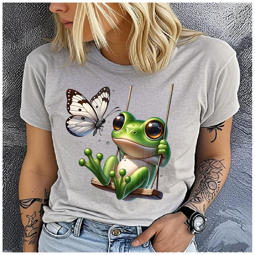 men Women's Cotton 100% frog on the swing Print T-shirt Loose round Neck Casual Short Sleeve Fashion Top Clothing Summer