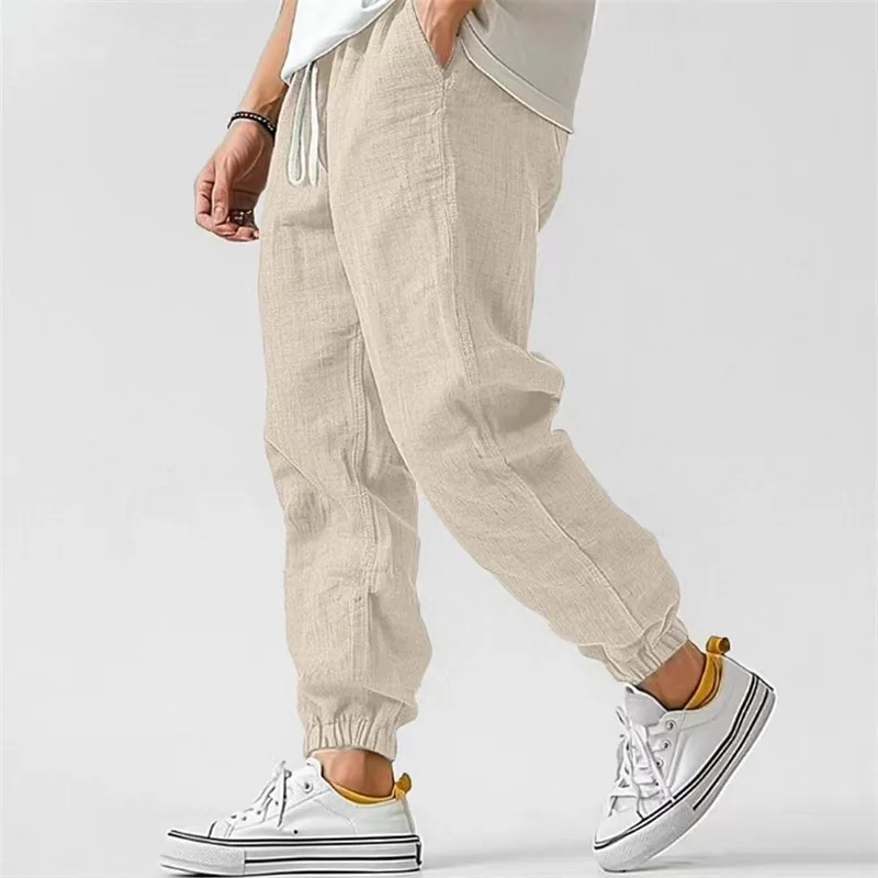 Fashion Men's Linen Trousers Solid Color Casual Pants for Men Sport Breathable Baggy Pant Summer Beach Lightweight Cotton Pants