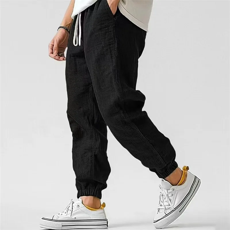 Fashion Men's Linen Trousers Solid Color Casual Pants for Men Sport Breathable Baggy Pant Summer Beach Lightweight Cotton Pants