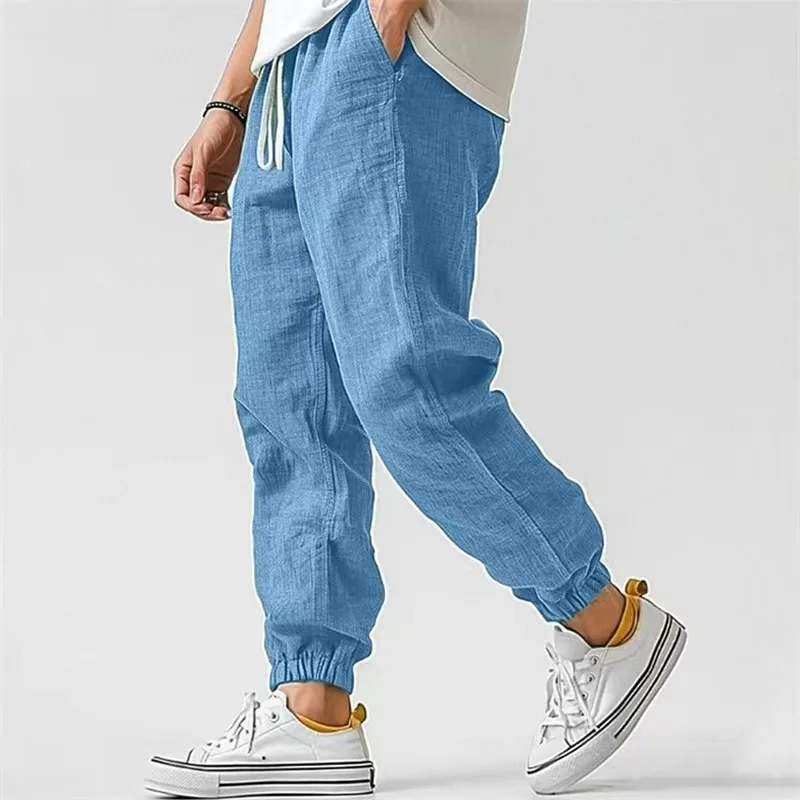 Fashion Men's Linen Trousers Solid Color Casual Pants for Men Sport Breathable Baggy Pant Summer Beach Lightweight Cotton Pants