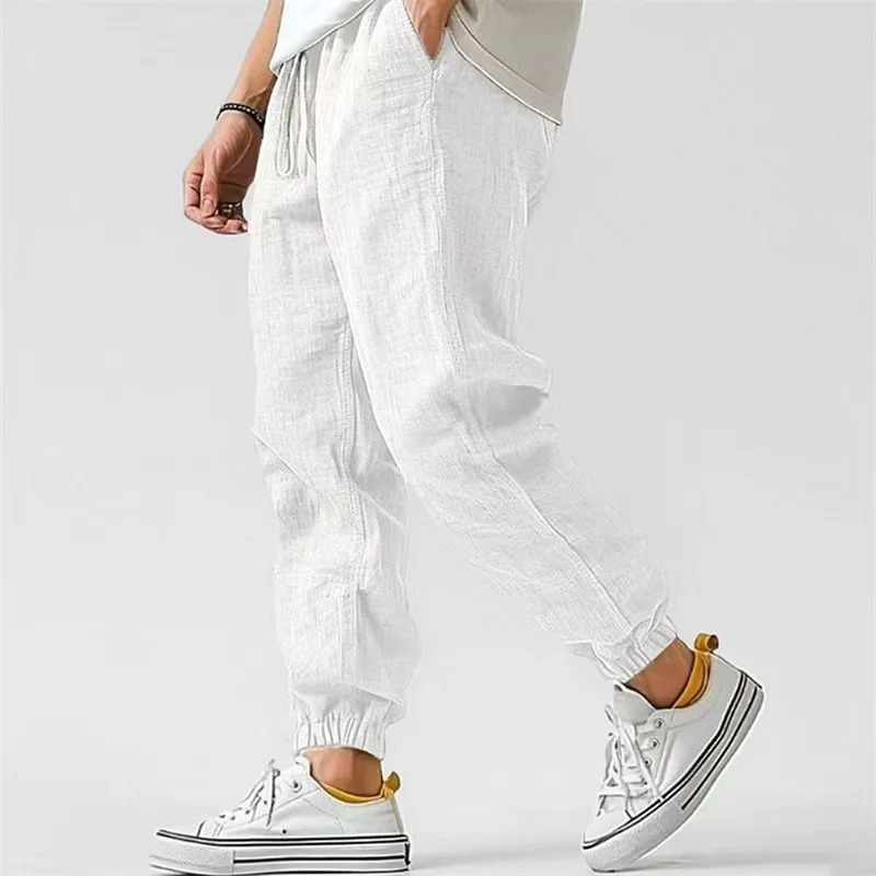 Fashion Men's Linen Trousers Solid Color Casual Pants for Men Sport Breathable Baggy Pant Summer Beach Lightweight Cotton Pants