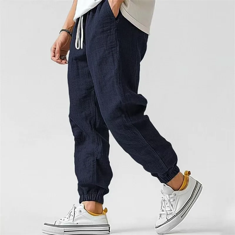 Fashion Men's Linen Trousers Solid Color Casual Pants for Men Sport Breathable Baggy Pant Summer Beach Lightweight Cotton Pants