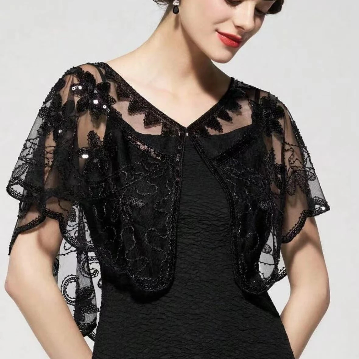 1920s Sequin Flapper Shawl Vintage Thin Breathable Shiny Cape Elegant Style Outside Short Cloak For Women Banquet