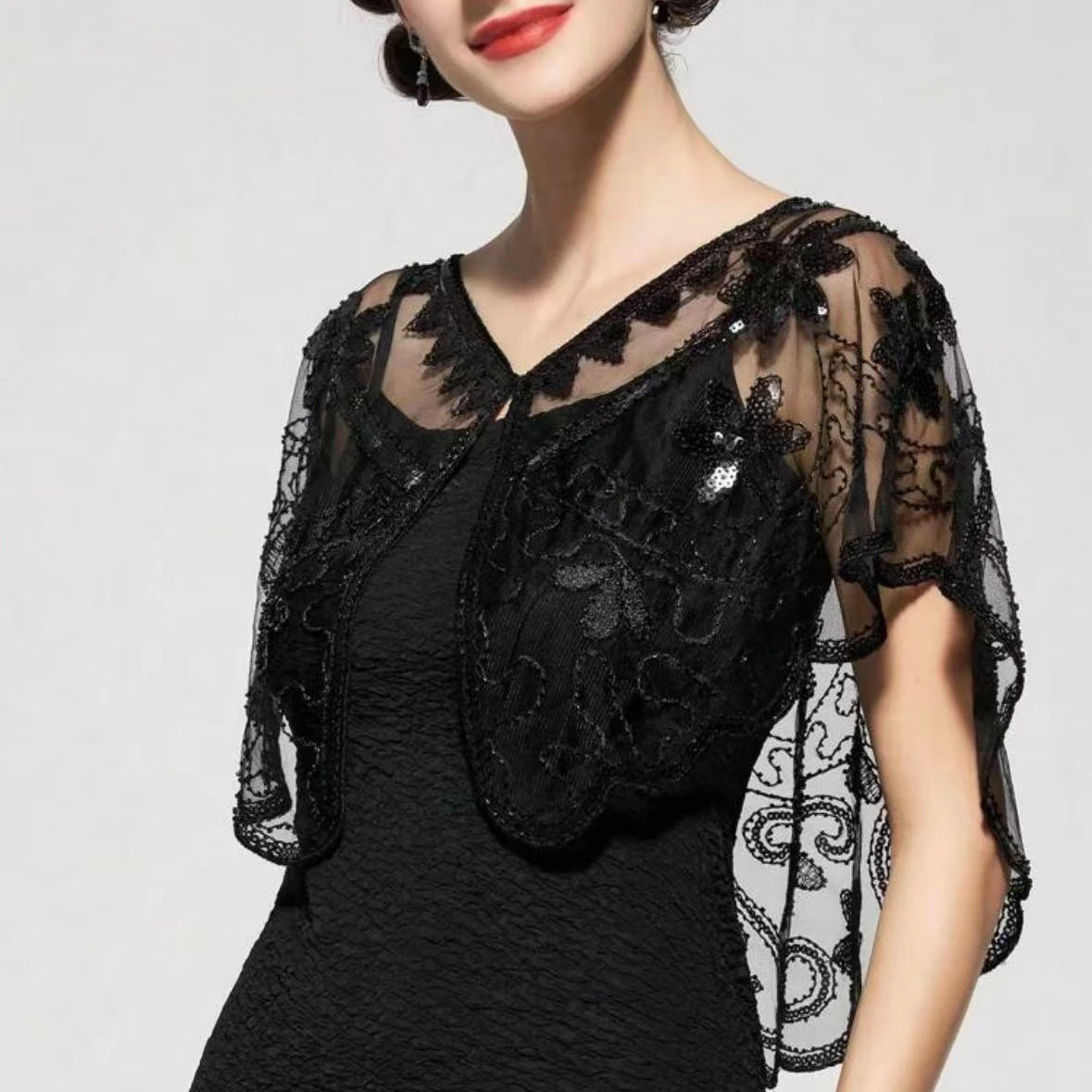 1920s Sequin Flapper Shawl Vintage Thin Breathable Shiny Cape Elegant Style Outside Short Cloak For Women Banquet