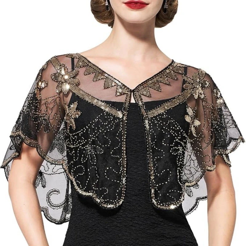 1920s Sequin Flapper Shawl Vintage Thin Breathable Shiny Cape Elegant Style Outside Short Cloak For Women Banquet