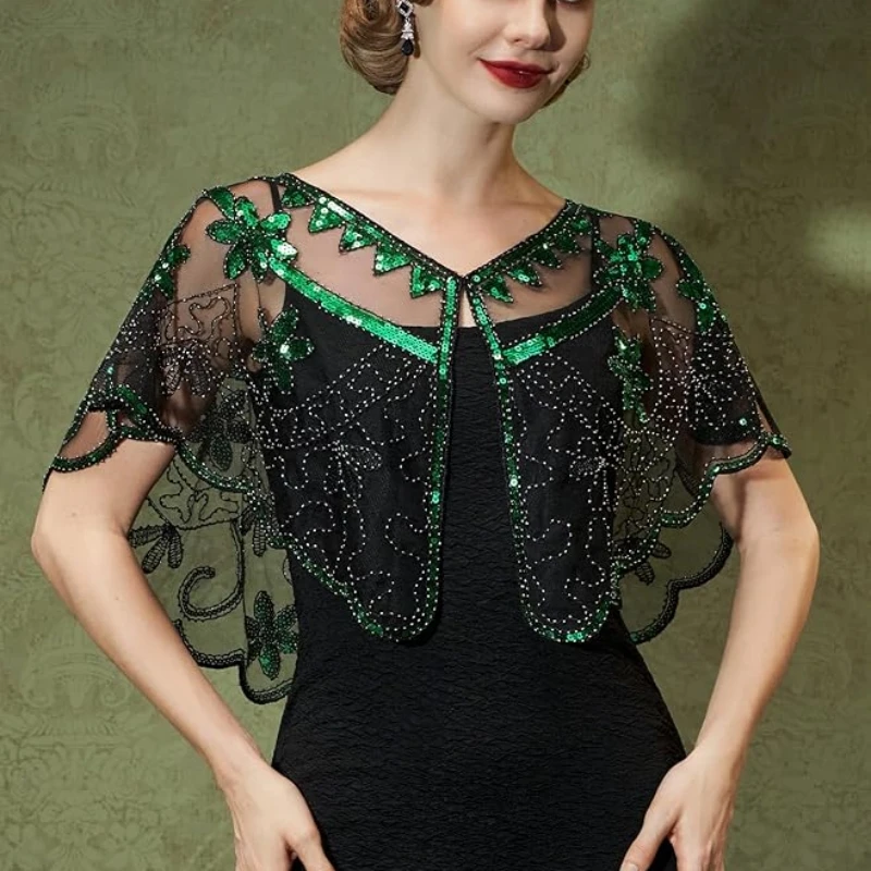 1920s Sequin Flapper Shawl Vintage Thin Breathable Shiny Cape Elegant Style Outside Short Cloak For Women Banquet