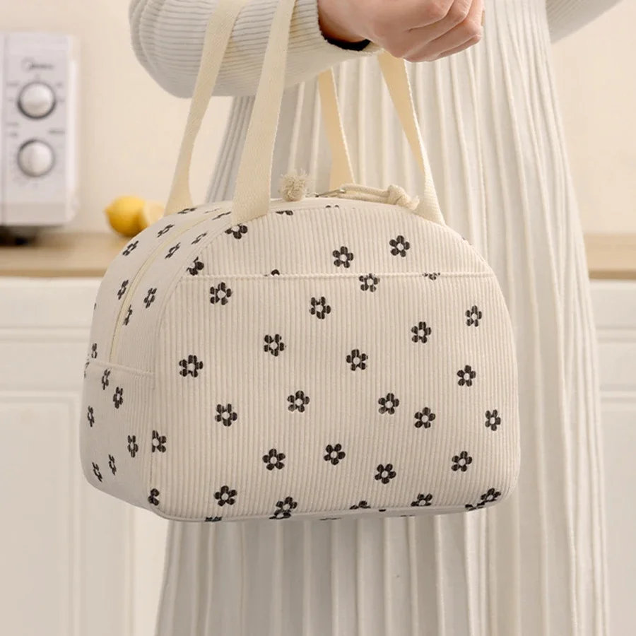 Portable Corduroy Lunch Bags Thermal Insulation Lunch Box Cute Print Women Lunch Storage Bag Picnic Bento Large Capacity Handbag
