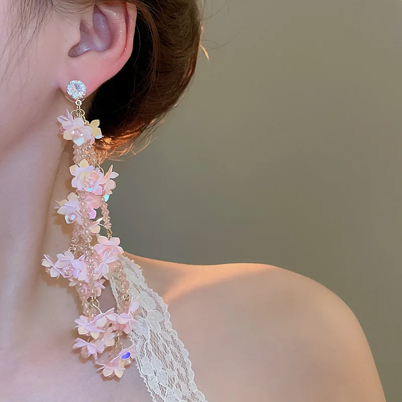 Super Fairy Pink Flower Chains Earrings for Women Zircon Glass Crystal Drop Earring Holiday Magnificent Shiny Sequin Ornament B