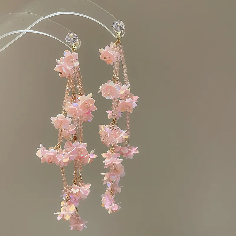 Super Fairy Pink Flower Chains Earrings for Women Zircon Glass Crystal Drop Earring Holiday Magnificent Shiny Sequin Ornament B