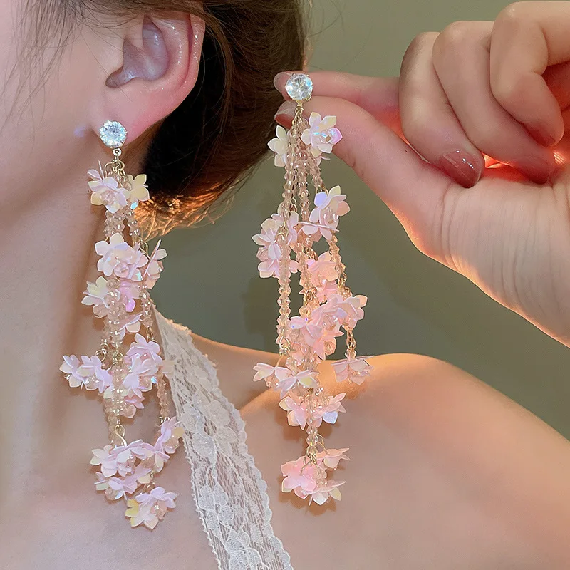 Super Fairy Pink Flower Chains Earrings for Women Zircon Glass Crystal Drop Earring Holiday Magnificent Shiny Sequin Ornament B