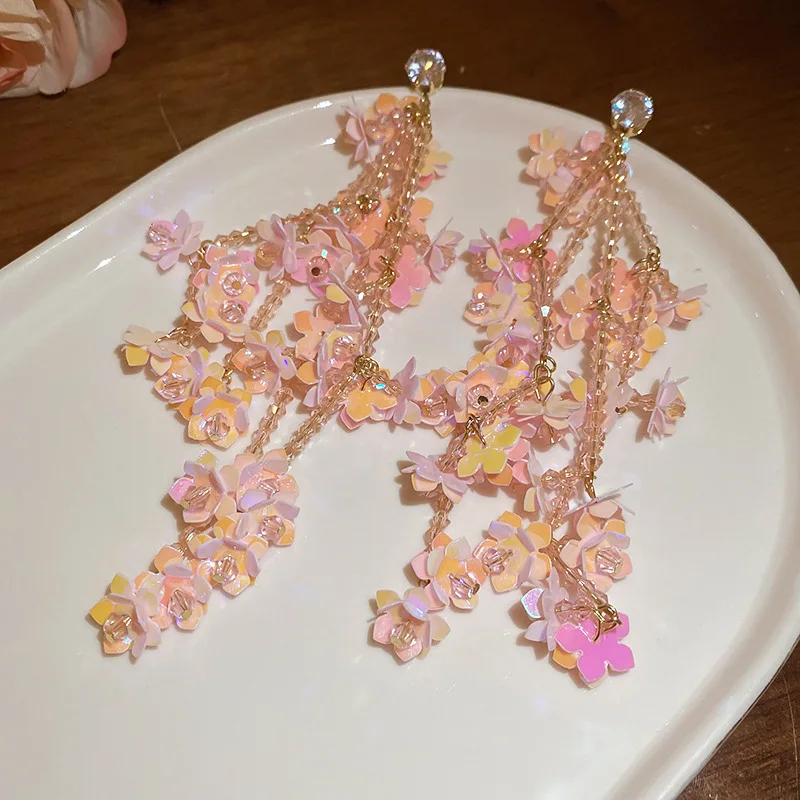 Super Fairy Pink Flower Chains Earrings for Women Zircon Glass Crystal Drop Earring Holiday Magnificent Shiny Sequin Ornament B