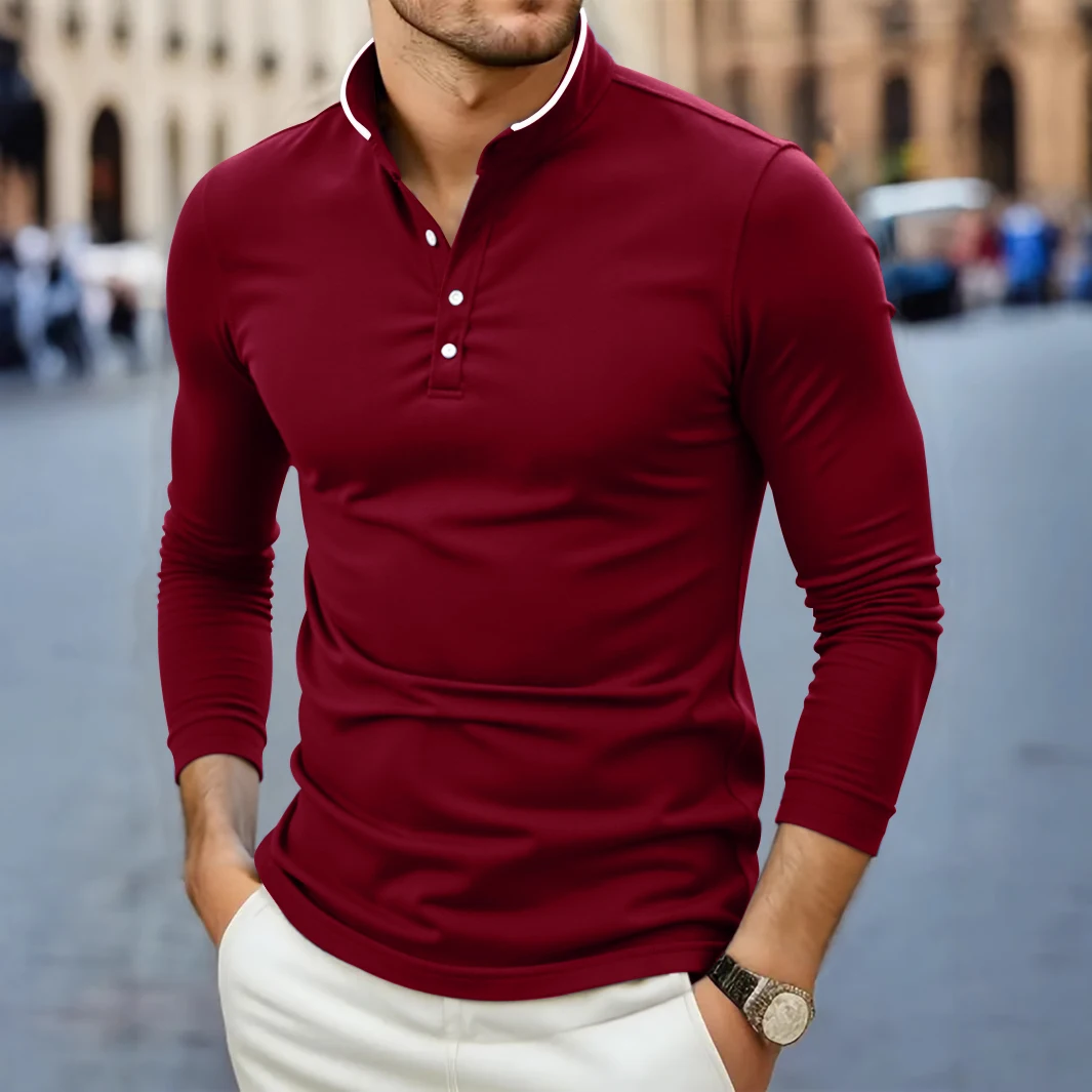 2025 New Men's Casual and Fashionable Solid Color Long Sleeved Stand Up Collar T-shirt Summer Versatile and Comfortable Top
