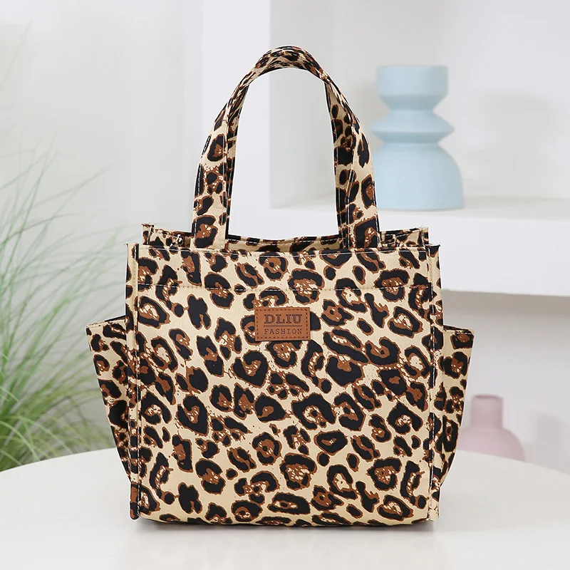 New Retro Leopard Print Large Capacity Lunch Tote Bag with Storage Pouch Commuter Work Handbag Portable Meal Bag
