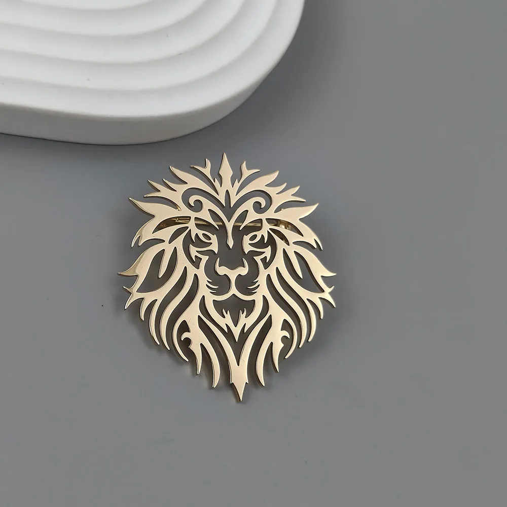 Fashion punk style hollow crown lion stainless steel gold-plated 18K brooch, black-suit accessories, wedding matching set
