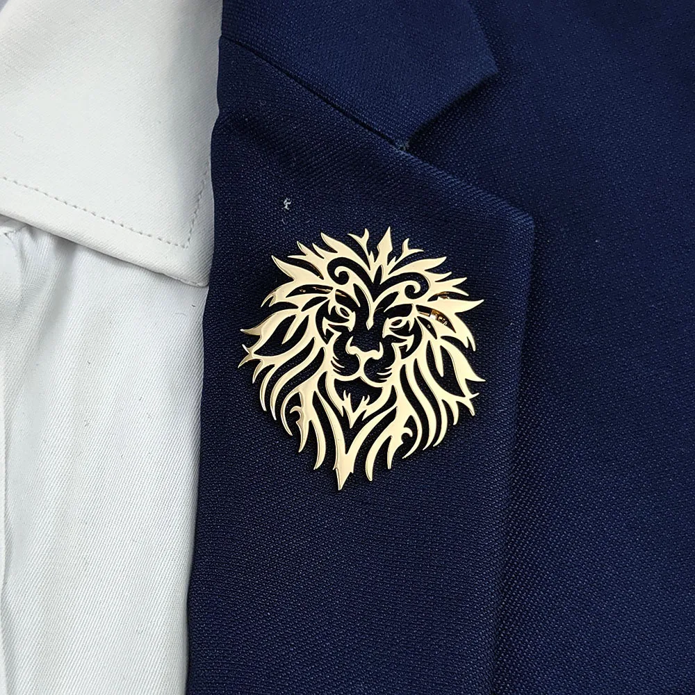 Fashion punk style hollow crown lion stainless steel gold-plated 18K brooch, black-suit accessories, wedding matching set