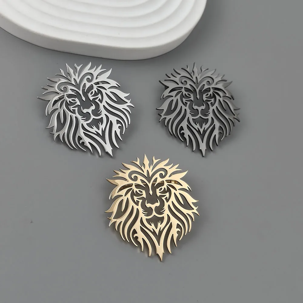 Fashion punk style hollow crown lion stainless steel gold-plated 18K brooch, black-suit accessories, wedding matching set