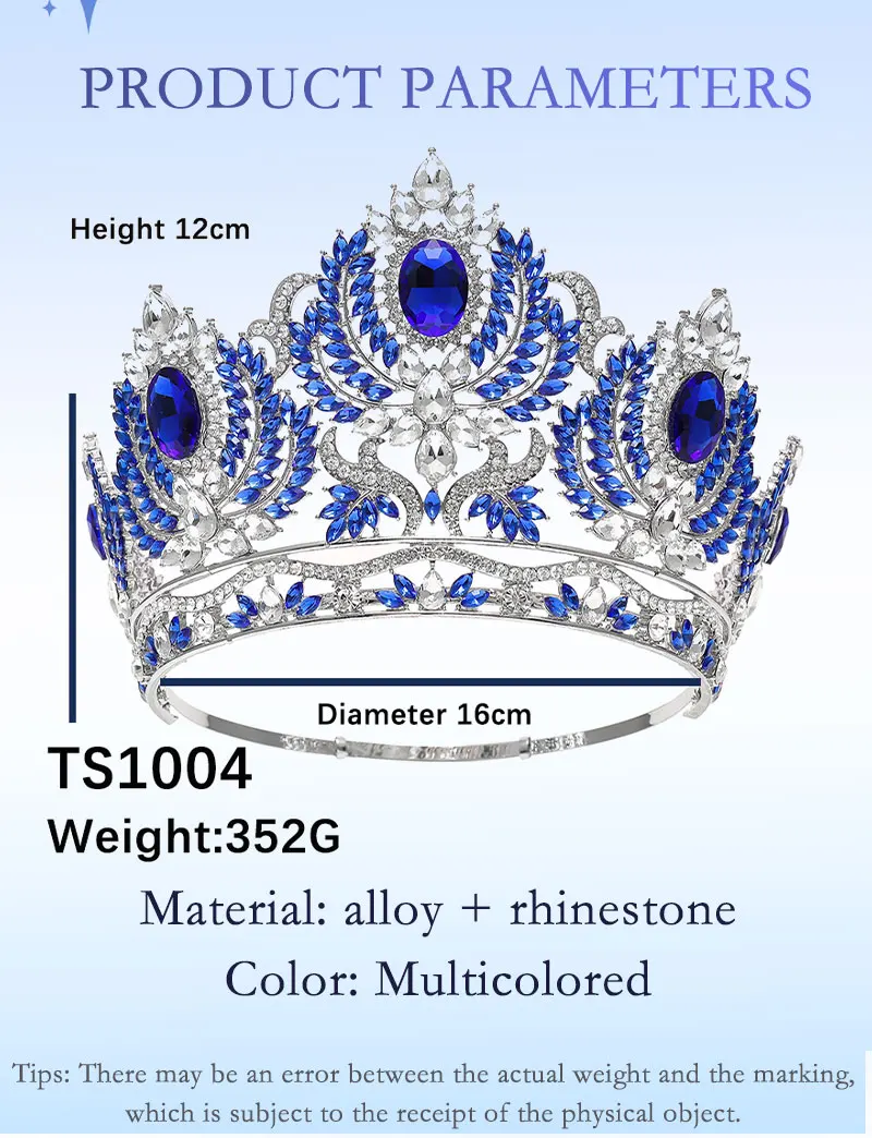 1PCS Baroque Big Rhinestone Crystal Tiaras Diadem for Queen Bridal Wedding Head Jewelry Large Crown Pageant Bride Headwear