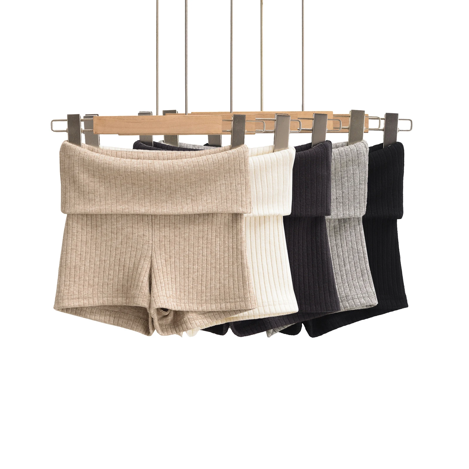 Summer Clothes Casual Shorts Woman Knit Fold Over Shorts High Waisted Slim Fit Stretchy Yoga Shorts Active Jogger Shorts Black