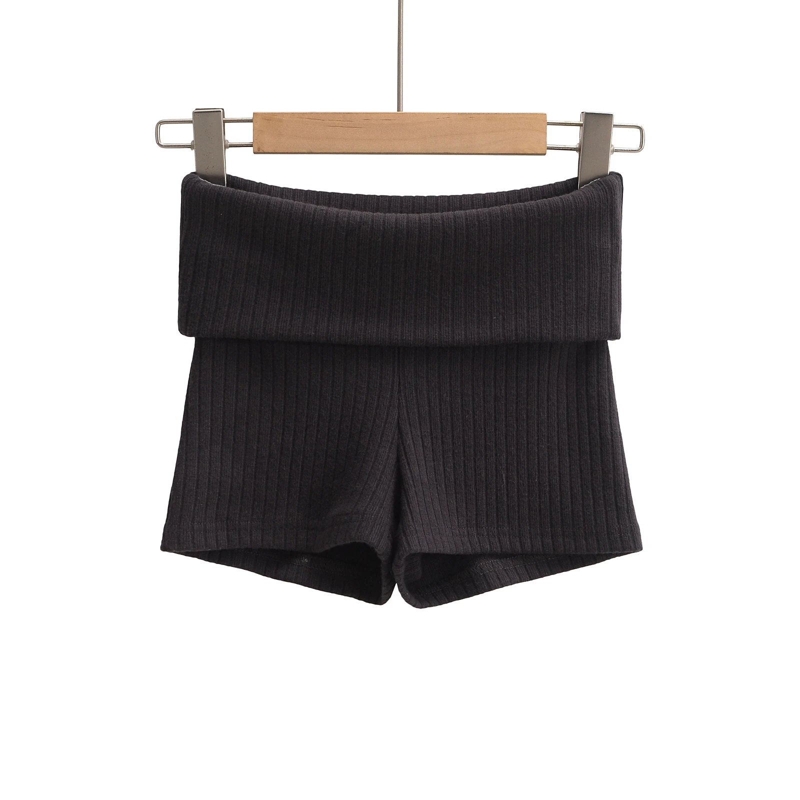 Summer Clothes Casual Shorts Woman Knit Fold Over Shorts High Waisted Slim Fit Stretchy Yoga Shorts Active Jogger Shorts Black