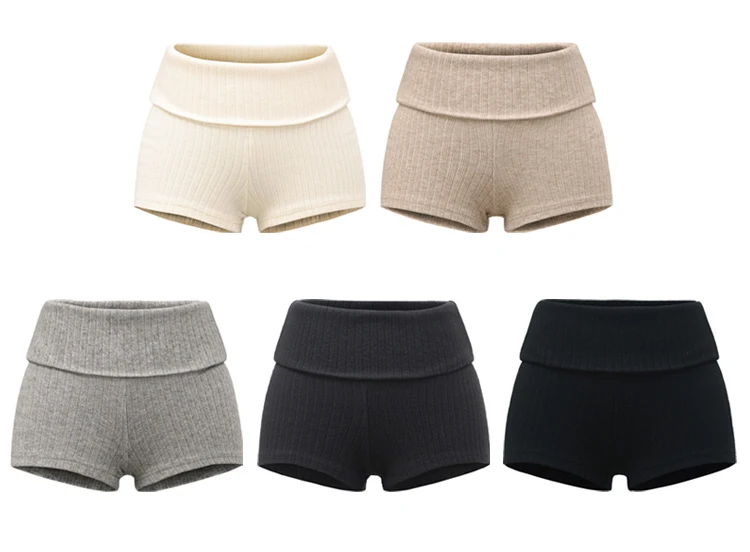 Summer Clothes Casual Shorts Woman Knit Fold Over Shorts High Waisted Slim Fit Stretchy Yoga Shorts Active Jogger Shorts Black