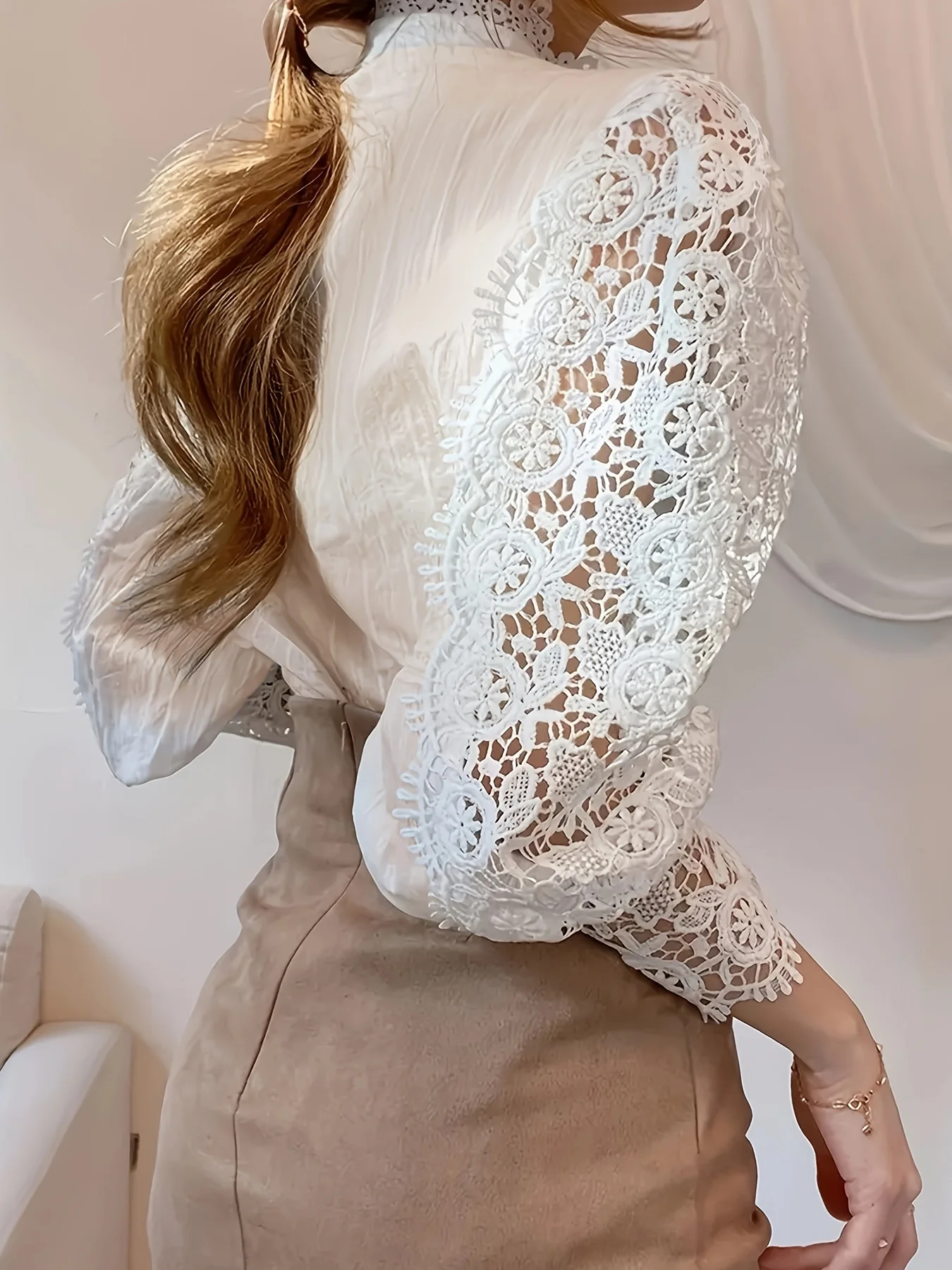 Plus Size Spring Women's Elegant Lantern Sleeve Solid Color Pleated Shirt