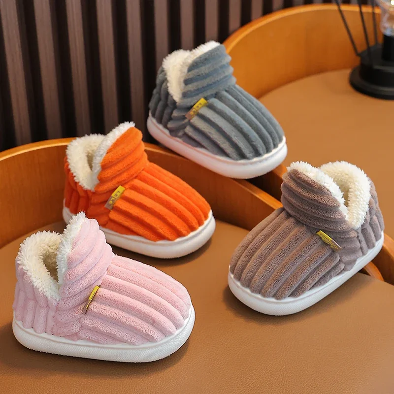 Winter Concise Stripe Children's Fluffy Slippers For Kids Boys Girls Non-slip Soft Sole Heel Wrap Warm High Home Cotton Shoes