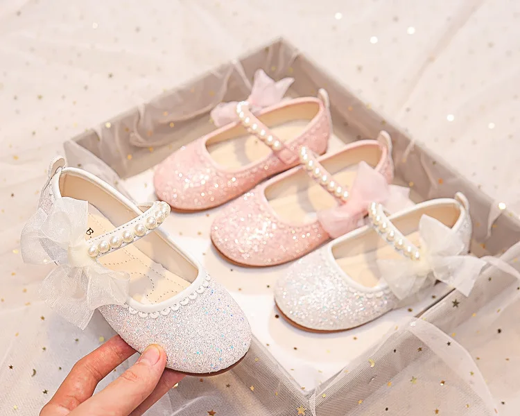 Fashion Girls Mary Janes for Party Wedding Shows Bow Pearls Elegant Princess Shoes Chic Kids Shoes Non-slip Children Fashion