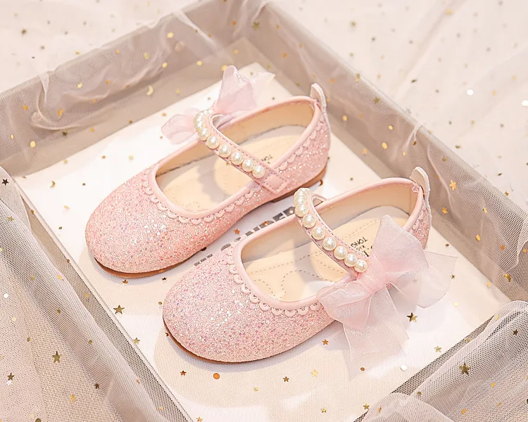 Fashion Girls Mary Janes for Party Wedding Shows Bow Pearls Elegant Princess Shoes Chic Kids Shoes Non-slip Children Fashion