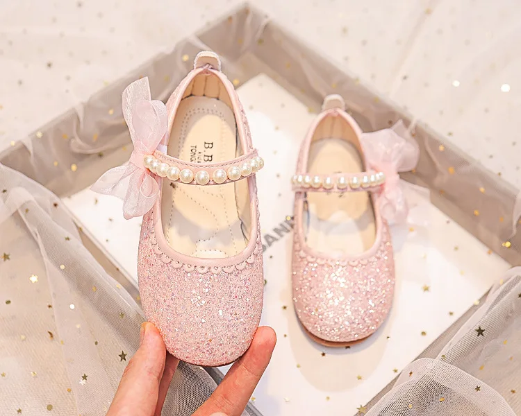 Fashion Girls Mary Janes for Party Wedding Shows Bow Pearls Elegant Princess Shoes Chic Kids Shoes Non-slip Children Fashion