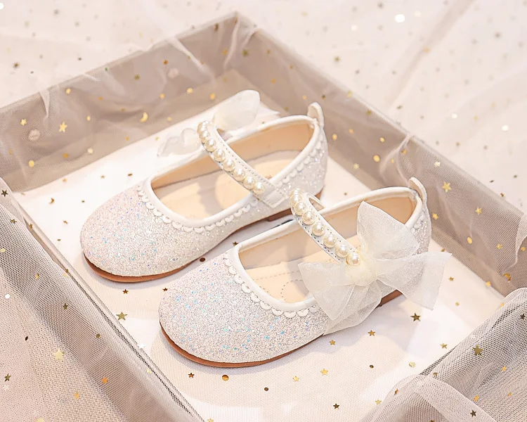 Fashion Girls Mary Janes for Party Wedding Shows Bow Pearls Elegant Princess Shoes Chic Kids Shoes Non-slip Children Fashion