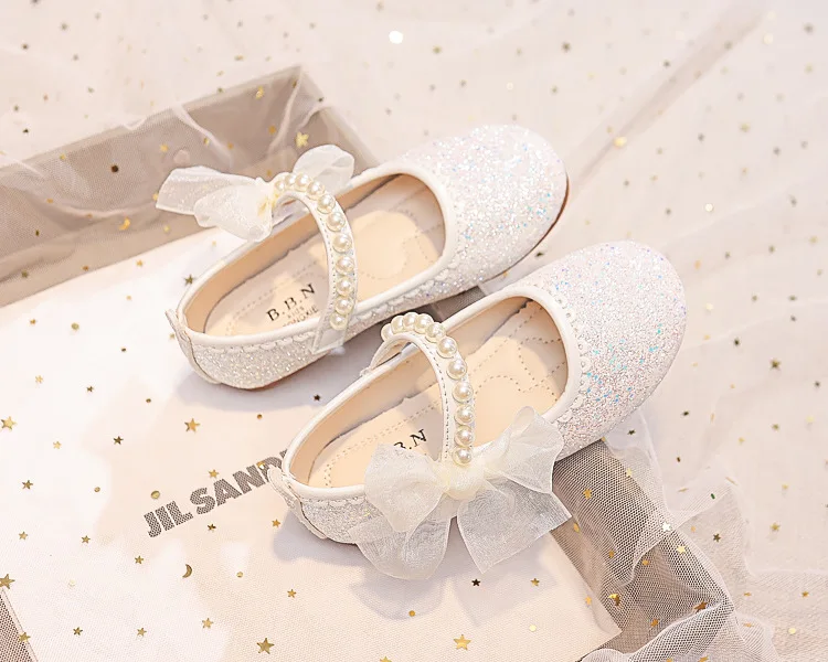 Fashion Girls Mary Janes for Party Wedding Shows Bow Pearls Elegant Princess Shoes Chic Kids Shoes Non-slip Children Fashion