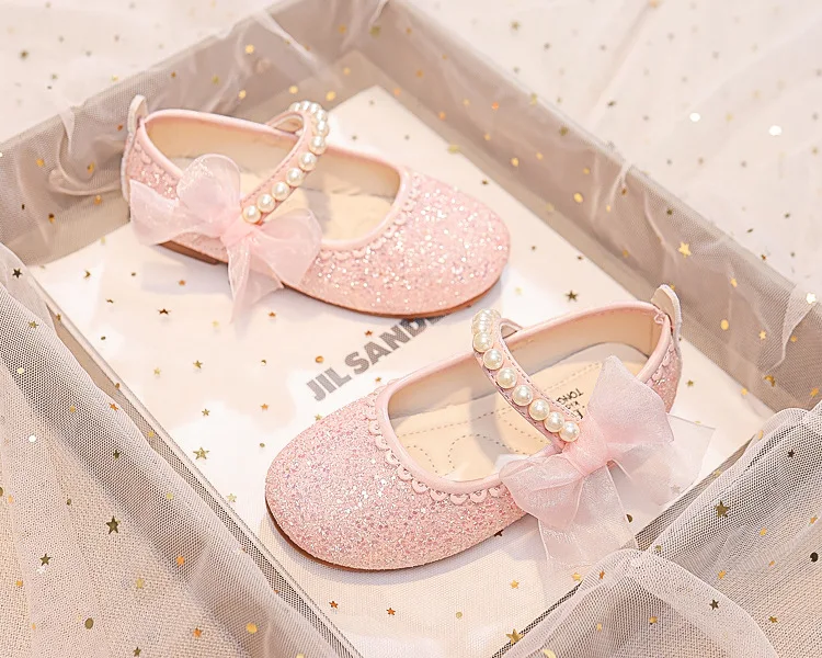 Fashion Girls Mary Janes for Party Wedding Shows Bow Pearls Elegant Princess Shoes Chic Kids Shoes Non-slip Children Fashion