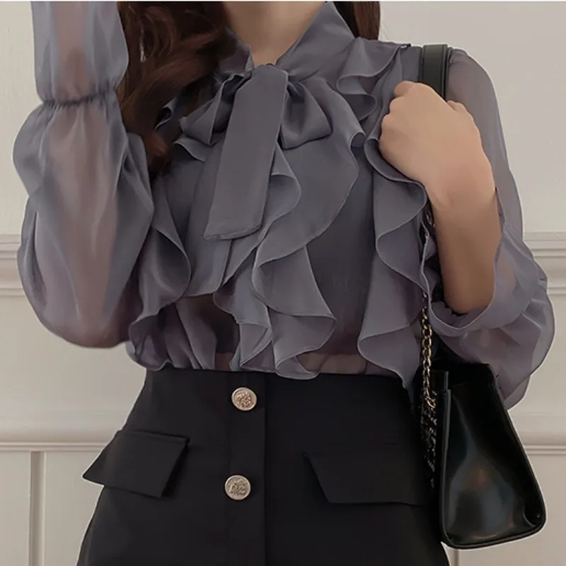 Spring Chiffon Blouse Fashion Tops Autumn Sweet Bow Shirt Casual Long Sleeve Women Clothing Elegant OL White Blusas